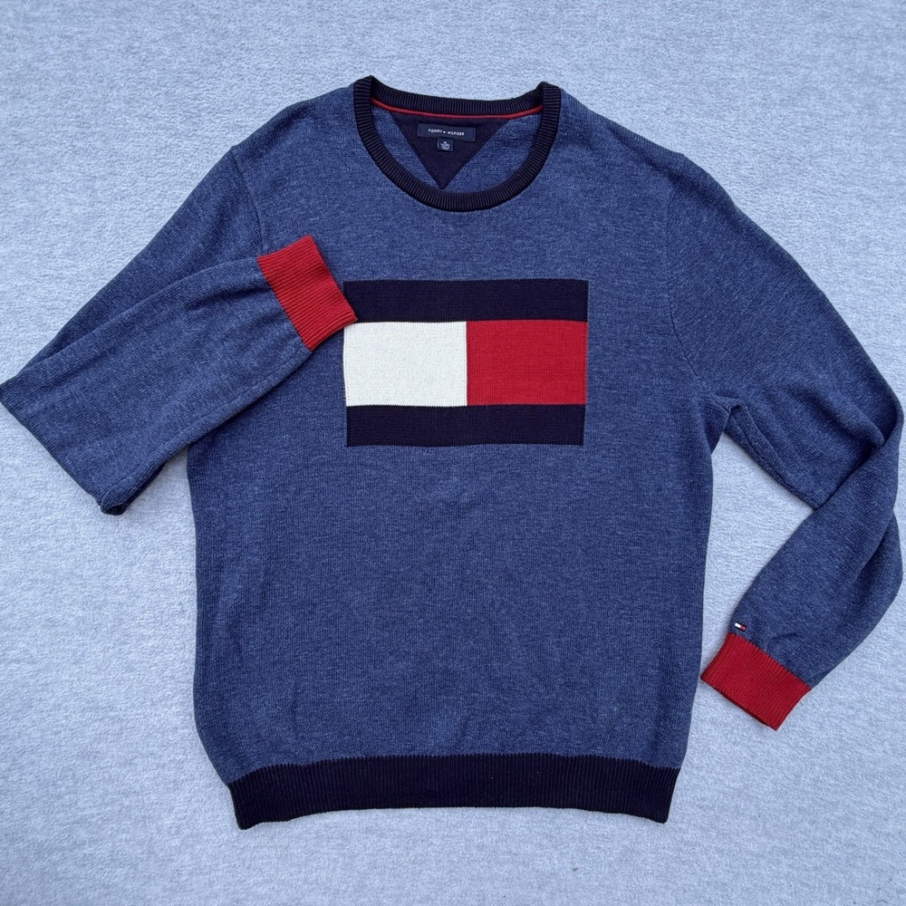 Tommy Hilfiger Mens XL Sweater Knit Cotton Preppy Casual Logo Blue Y2K Nautical
